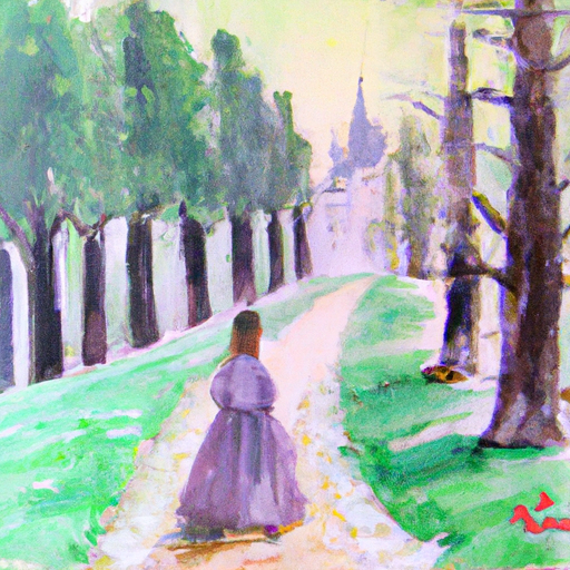 帮我画一幅画，有一个女孩，她走在林间小路上，路的尽头是欧式城堡，路两旁是高大的树木，她手中提着一盏灯，幽暗的灯光照亮一块路(1张)